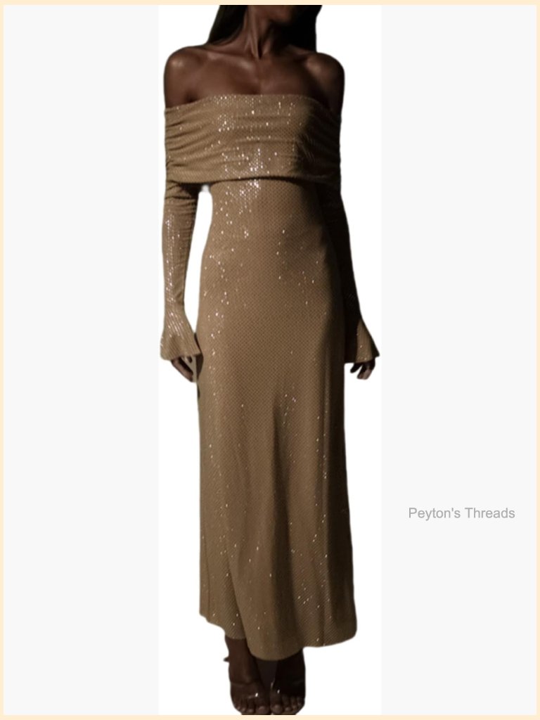 Elegant Sequin Glitter Off Shoulder Maxi Dress Long Sleeve Bodycon Party Dress